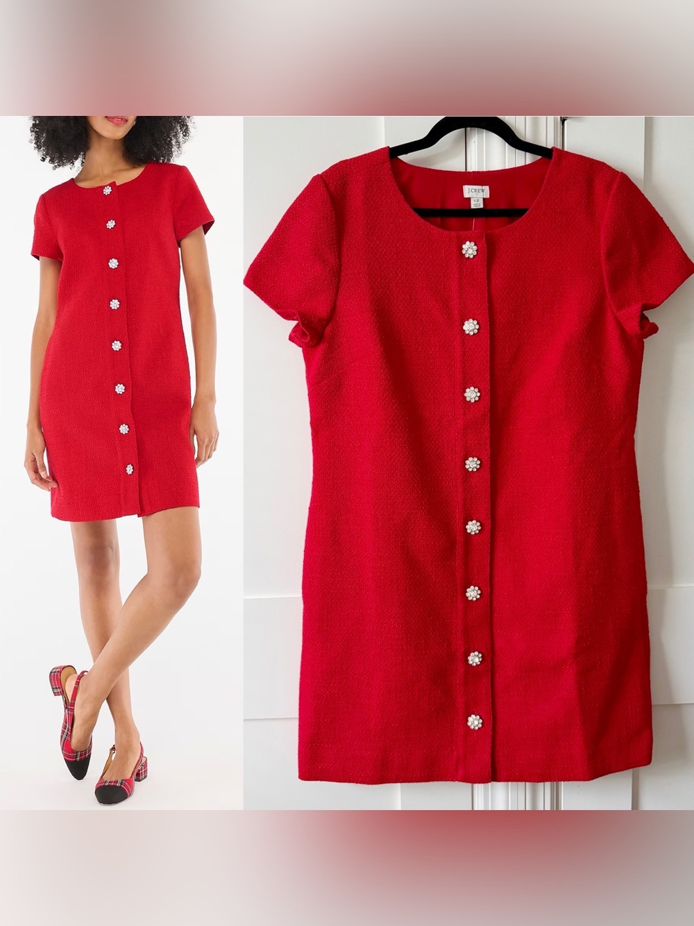 J. Crew Factory Tweed Dress Jewel Buttons Red Sz 12
